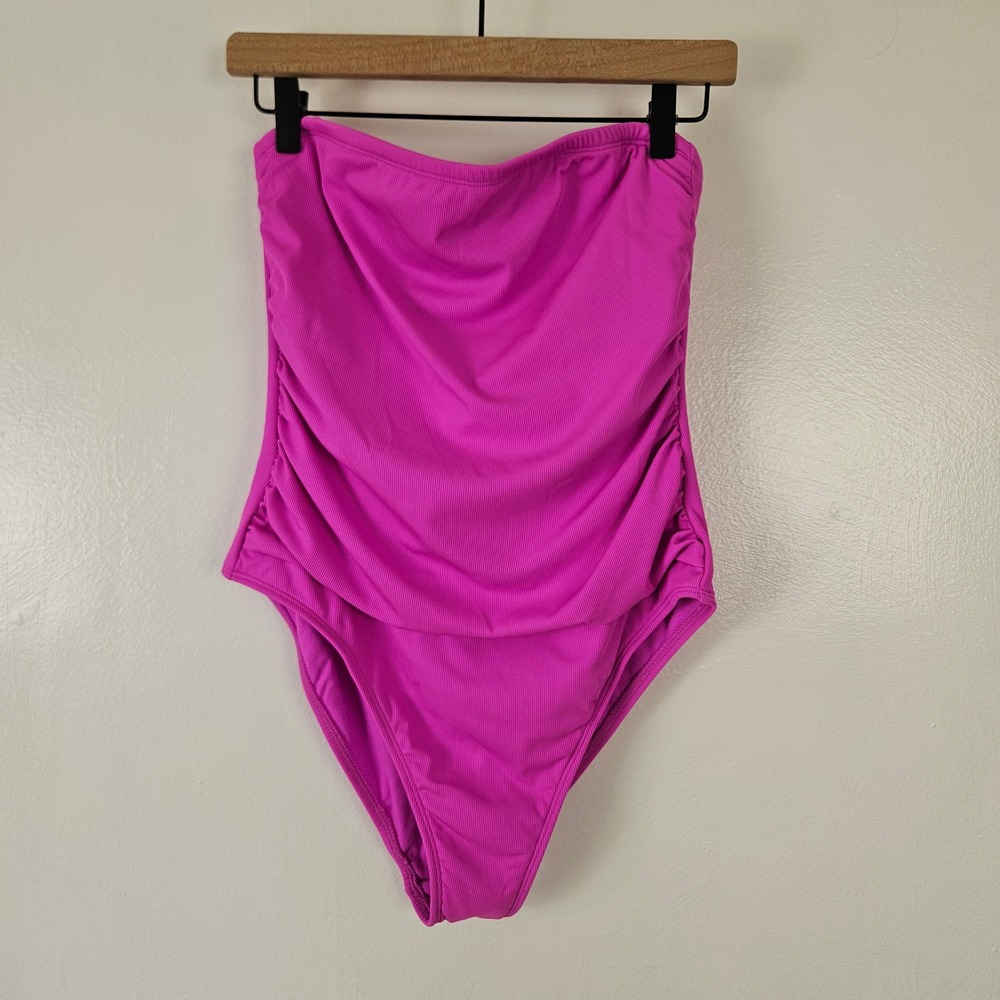 NEW Shade and Shore Ribbed Cheeky Bandeau One Piece Swimsuit Sz L Purple NWT